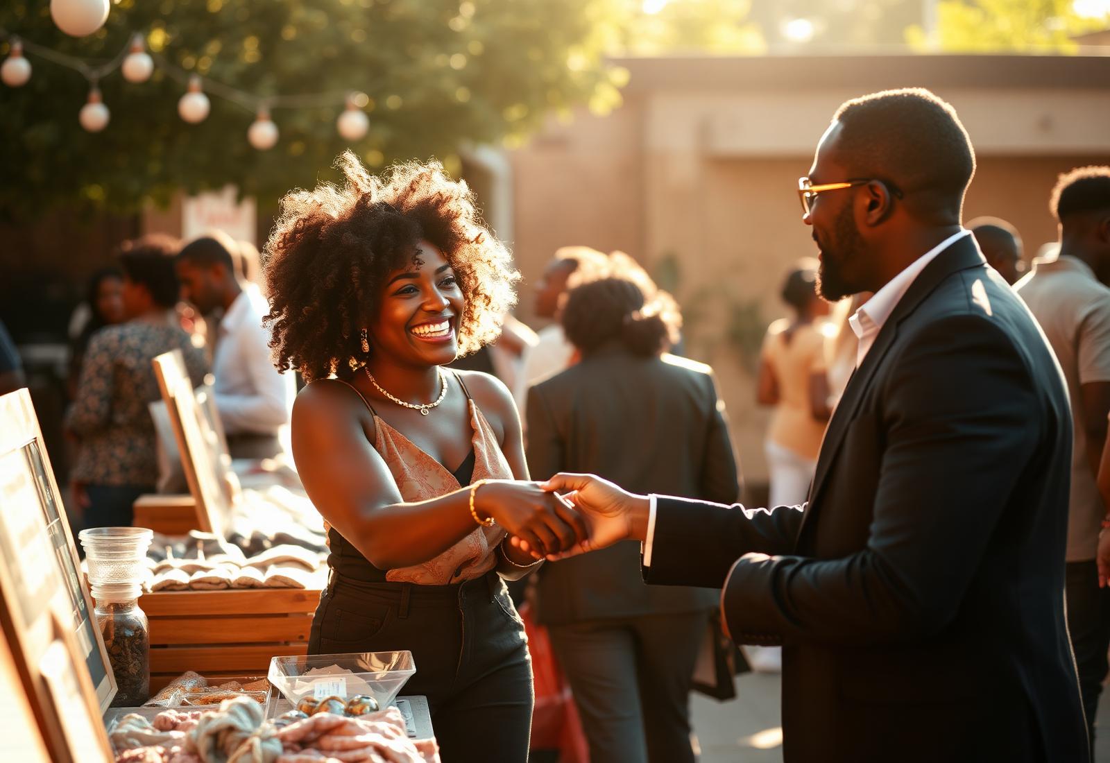 Black entrepreneurs shaking hands at a marketplace popup